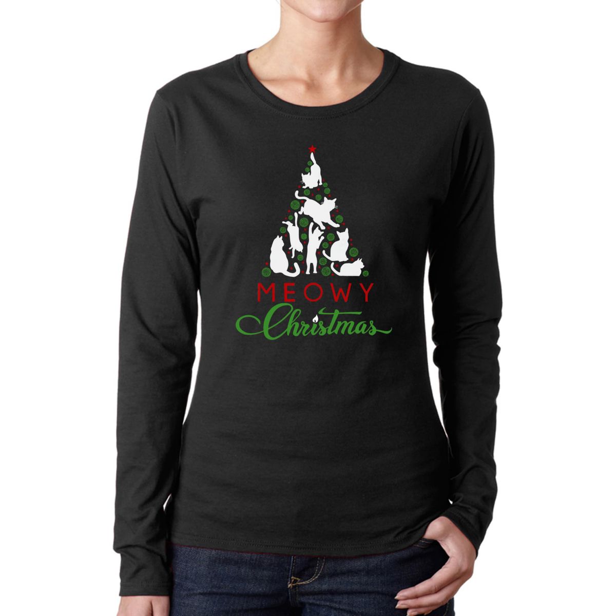 Meowy Christmas Tree - Womens Word Art Long Sleeve T-Shirt
