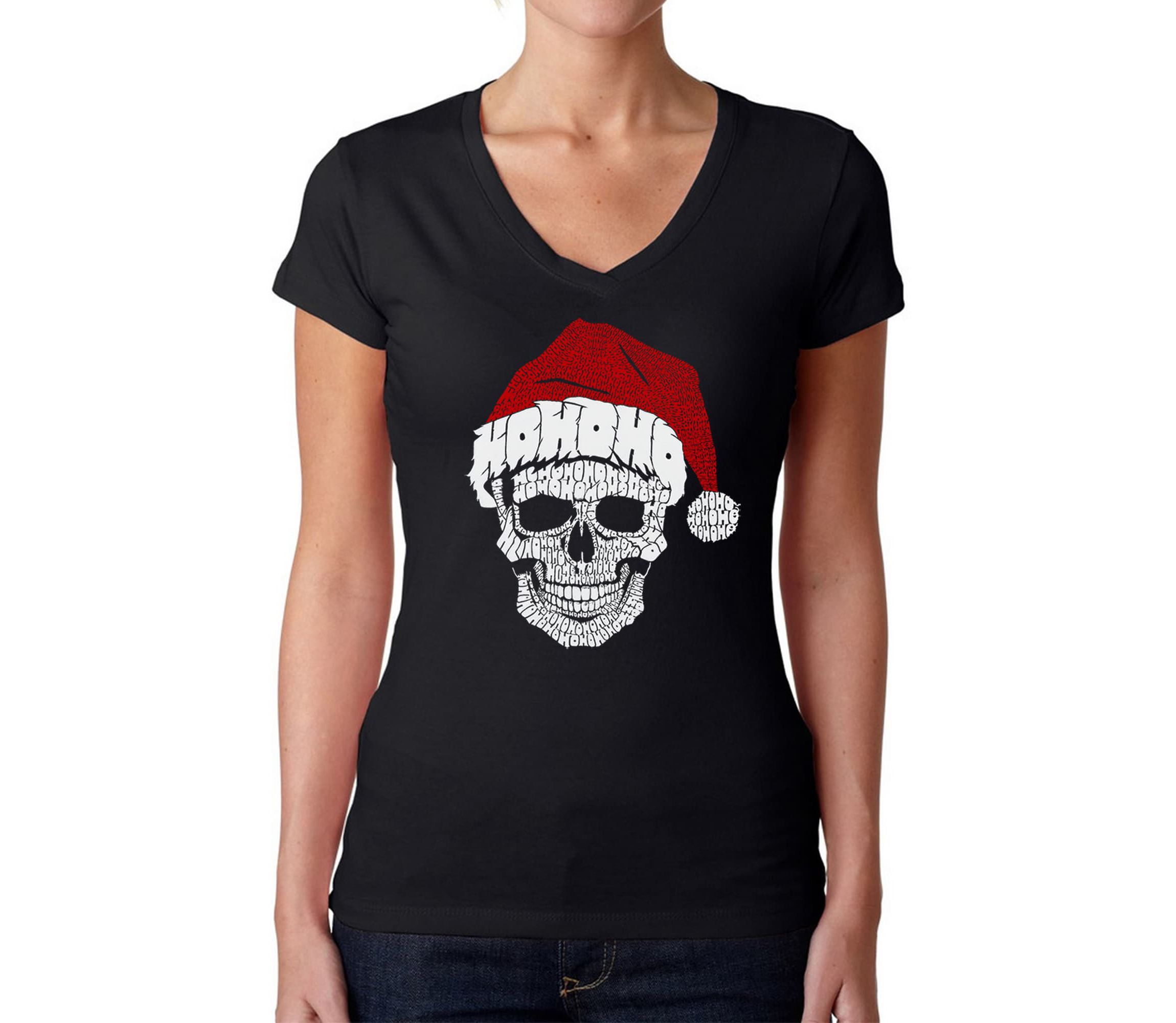 Santa Skull - Womens Word Art V-Neck T-Shirt