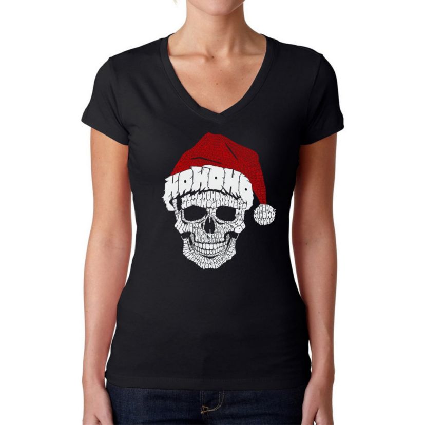 Santa Skull - Womens Word Art V-Neck T-Shirt