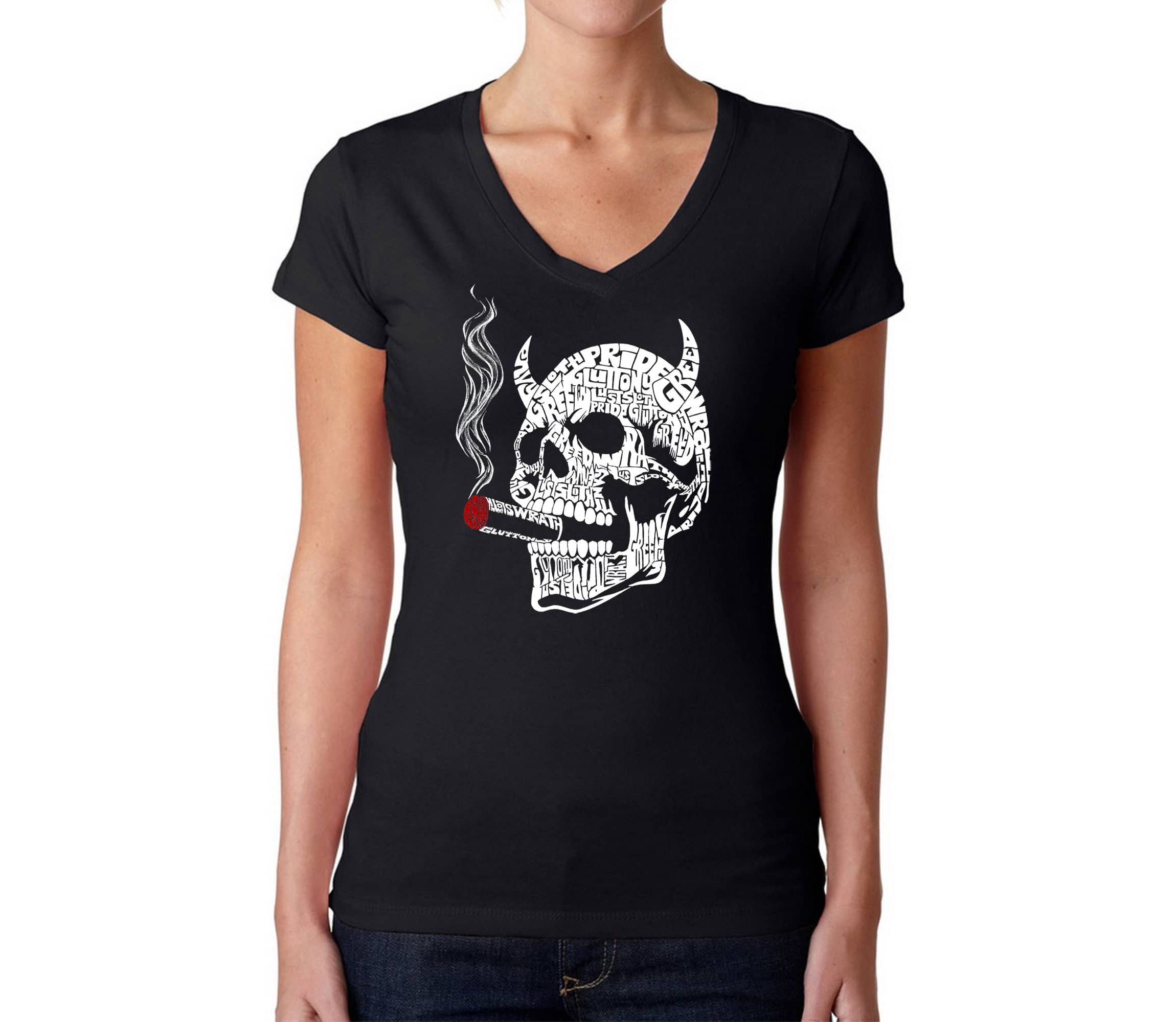7 Deadly Sins Skull - Womens Word Art V-Neck T-Shirt
