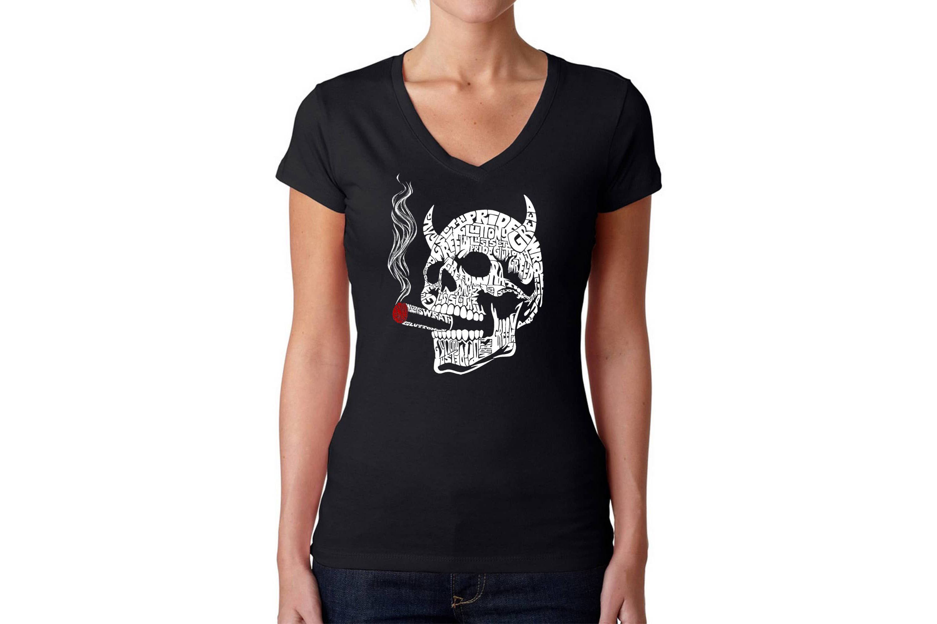 7 Deadly Sins Skull - Womens Word Art V-Neck T-Shirt