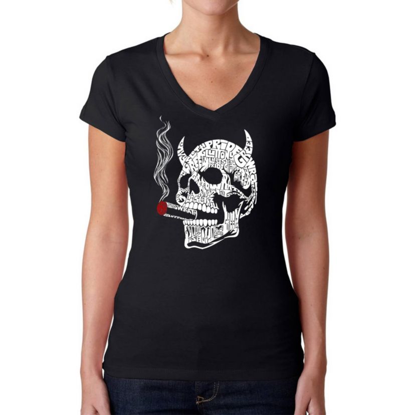 7 Deadly Sins Skull - Womens Word Art V-Neck T-Shirt