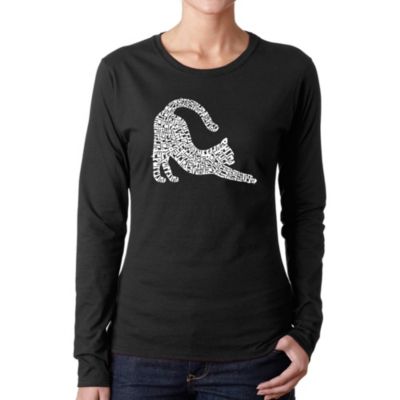 LA Pop Art Stretching Cat - Women's Word Art Long Sleeve T-Shirt, Black, 3XL