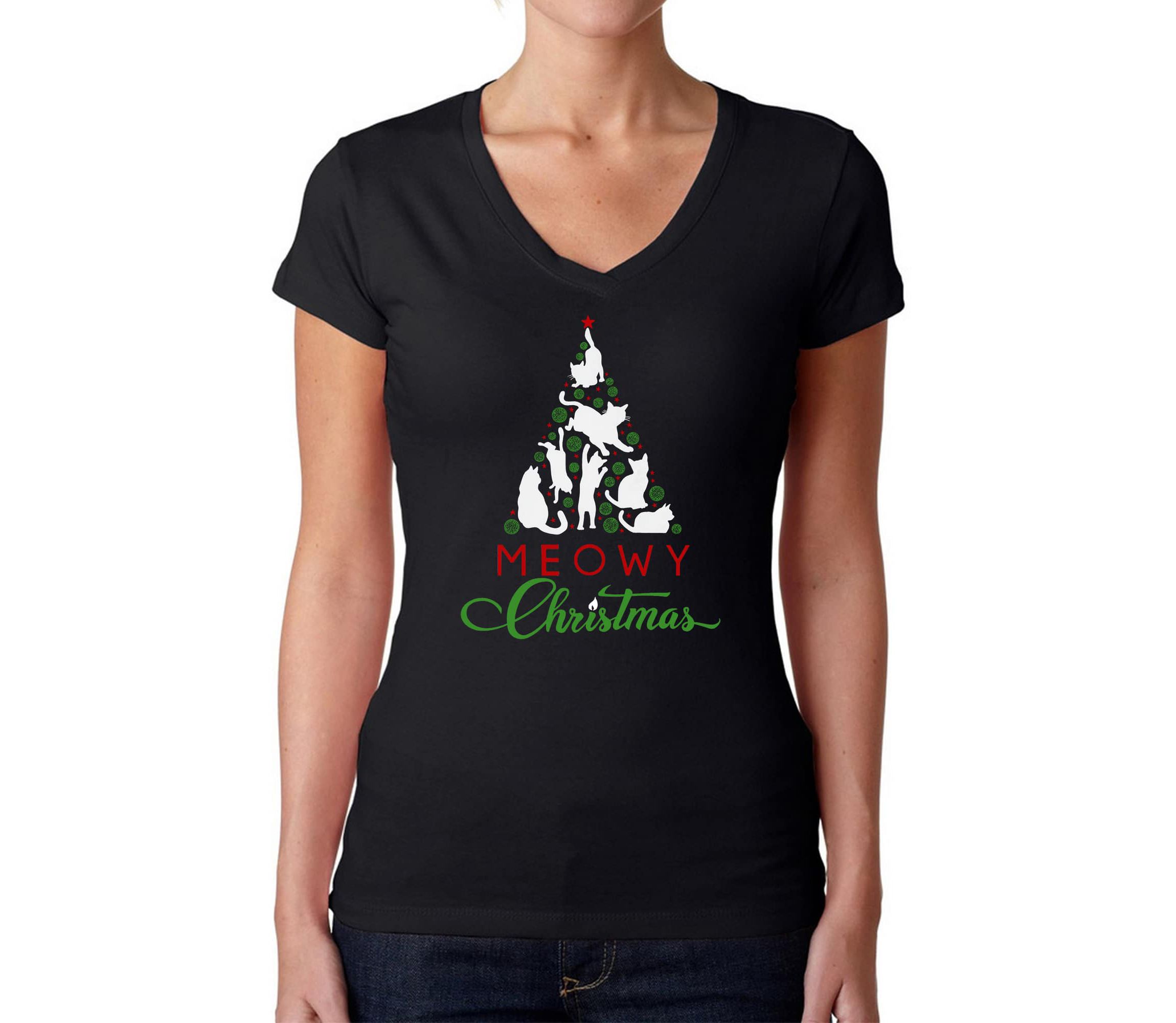 Meowy Christmas Tree - Womens Word Art V-Neck T-Shirt