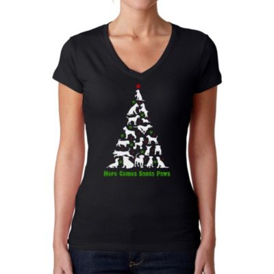 LA Pop Art Here Comes Santa Paws - Women's Word Art V-Neck T-Shirt