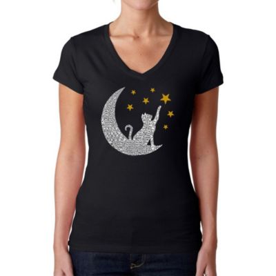 LA Pop Art Cat Moon - Women's Word Art V-Neck T-Shirt, Black, XS