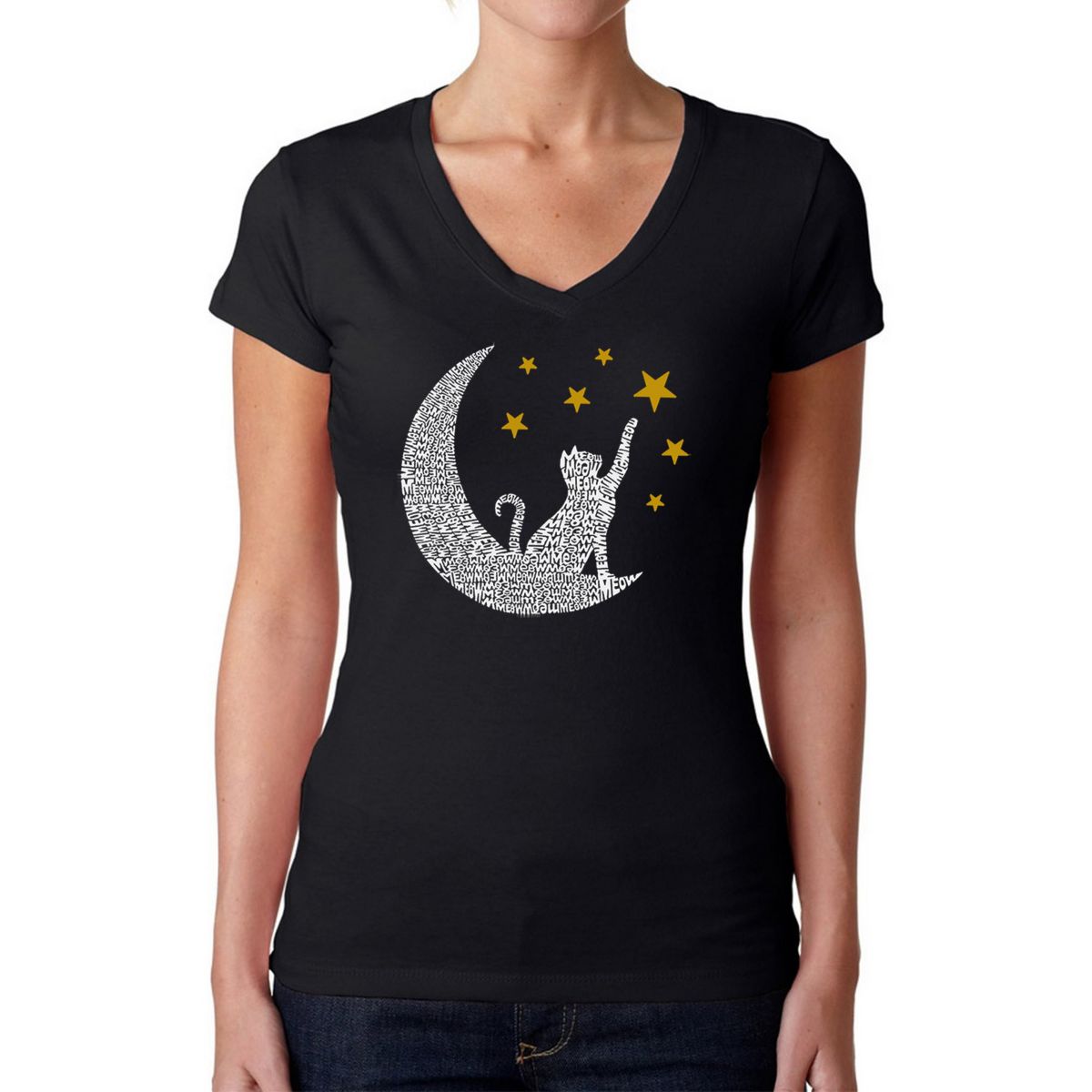 Cat Moon - Womens Word Art V-Neck T-Shirt