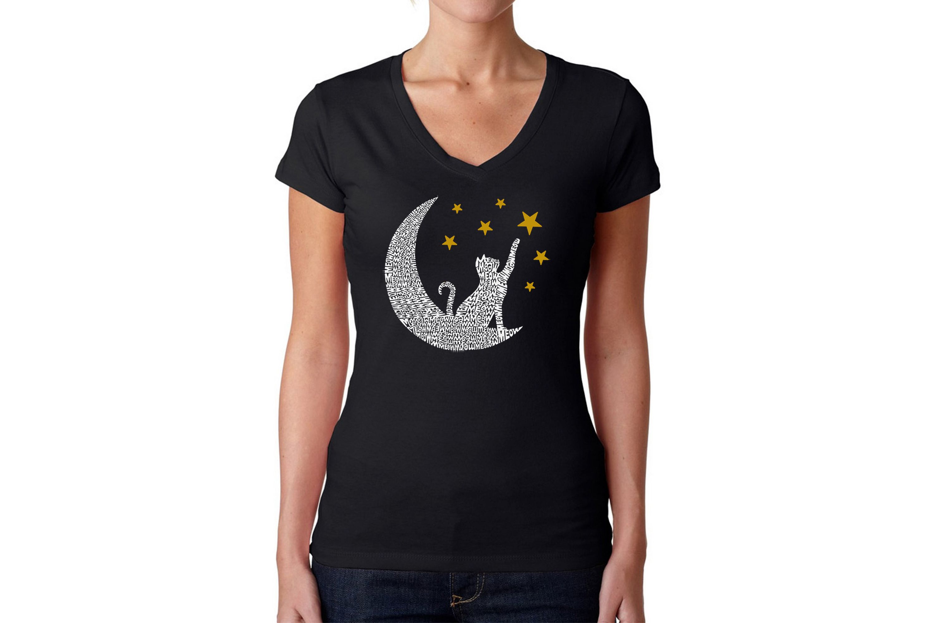 Cat Moon - Womens Word Art V-Neck T-Shirt