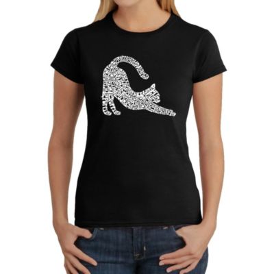LA Pop Art Stretching Cat - Women's Word Art T-Shirt, Black, XS