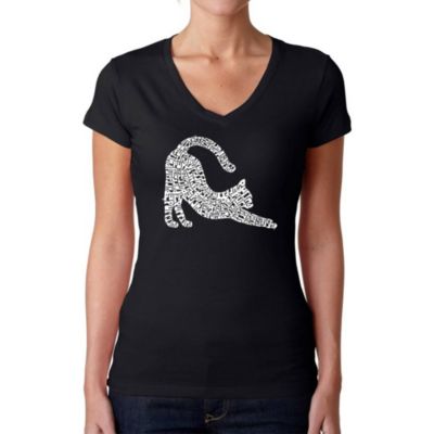 LA Pop Art Stretching Cat - Women's Word Art V-Neck T-Shirt, Black, 2XL