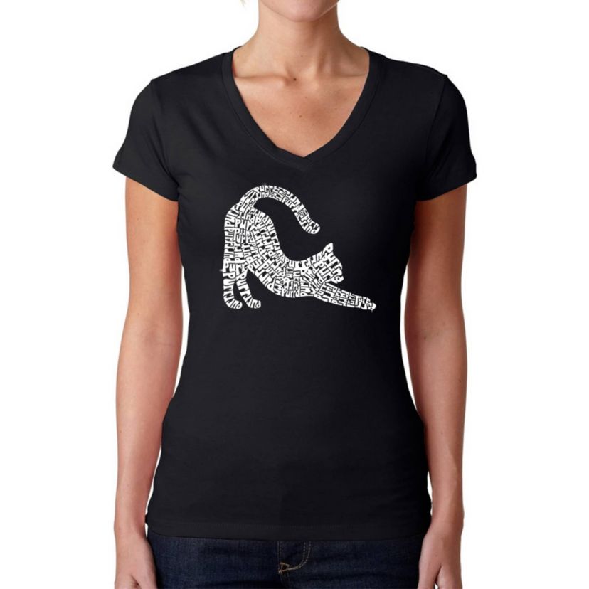 Stretching Cat - Womens Word Art V-Neck T-Shirt