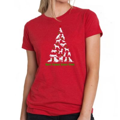 LA Pop Art Here Comes Santa Paws - Women's Premium Blend Word Art T-Shirt, Red, 2XL