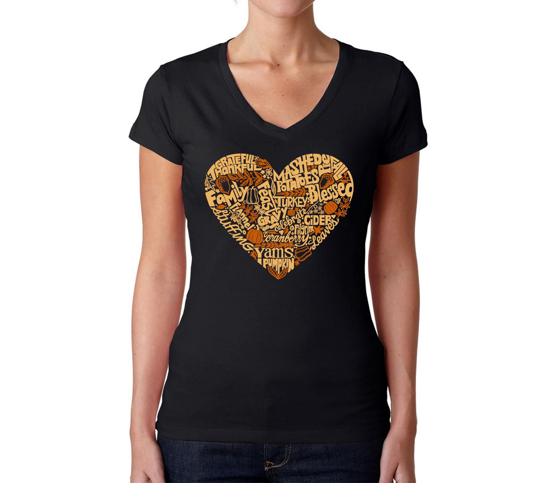 Thanksgiving Heart - Womens Word Art V-Neck T-Shirt