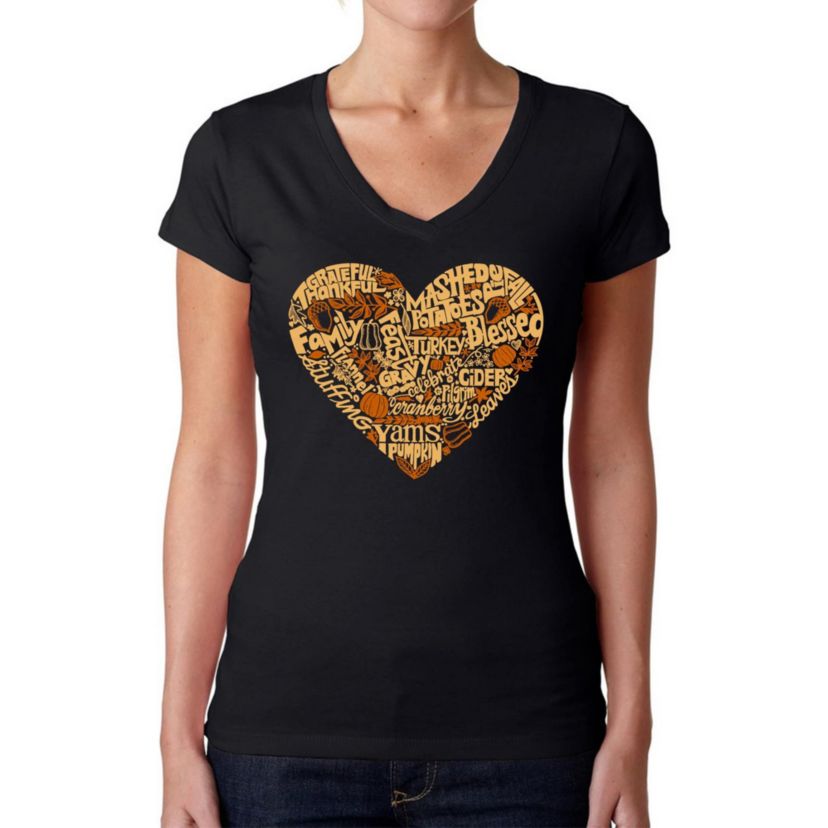 Thanksgiving Heart - Womens Word Art V-Neck T-Shirt