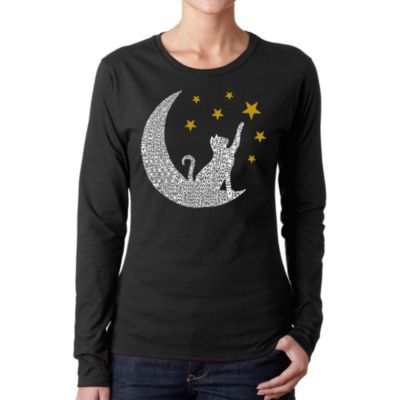 LA Pop Art Cat Moon - Women's Word Art Long Sleeve T-Shirt, Black, 3XL