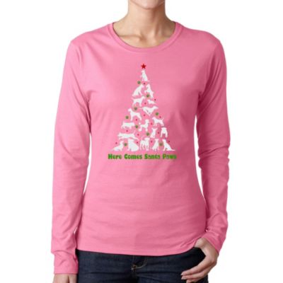LA Pop Art Here Comes Santa Paws - Women's Word Art Long Sleeve T-Shirt, Pink, 3XL