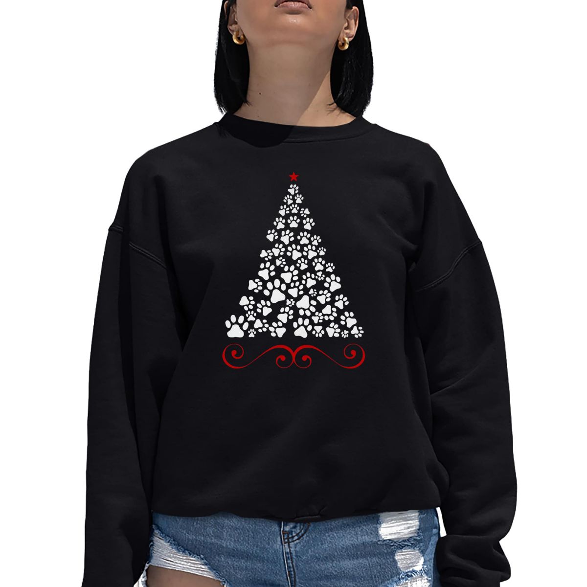 Paw Christmas Tree - Womens Word Art Crewneck Sweatshirt
