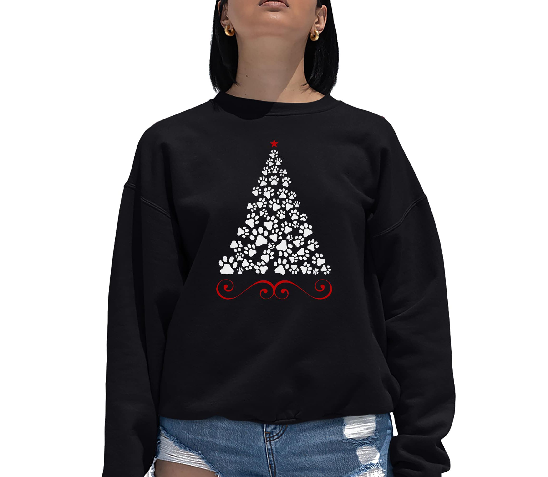 Paw Christmas Tree - Womens Word Art Crewneck Sweatshirt