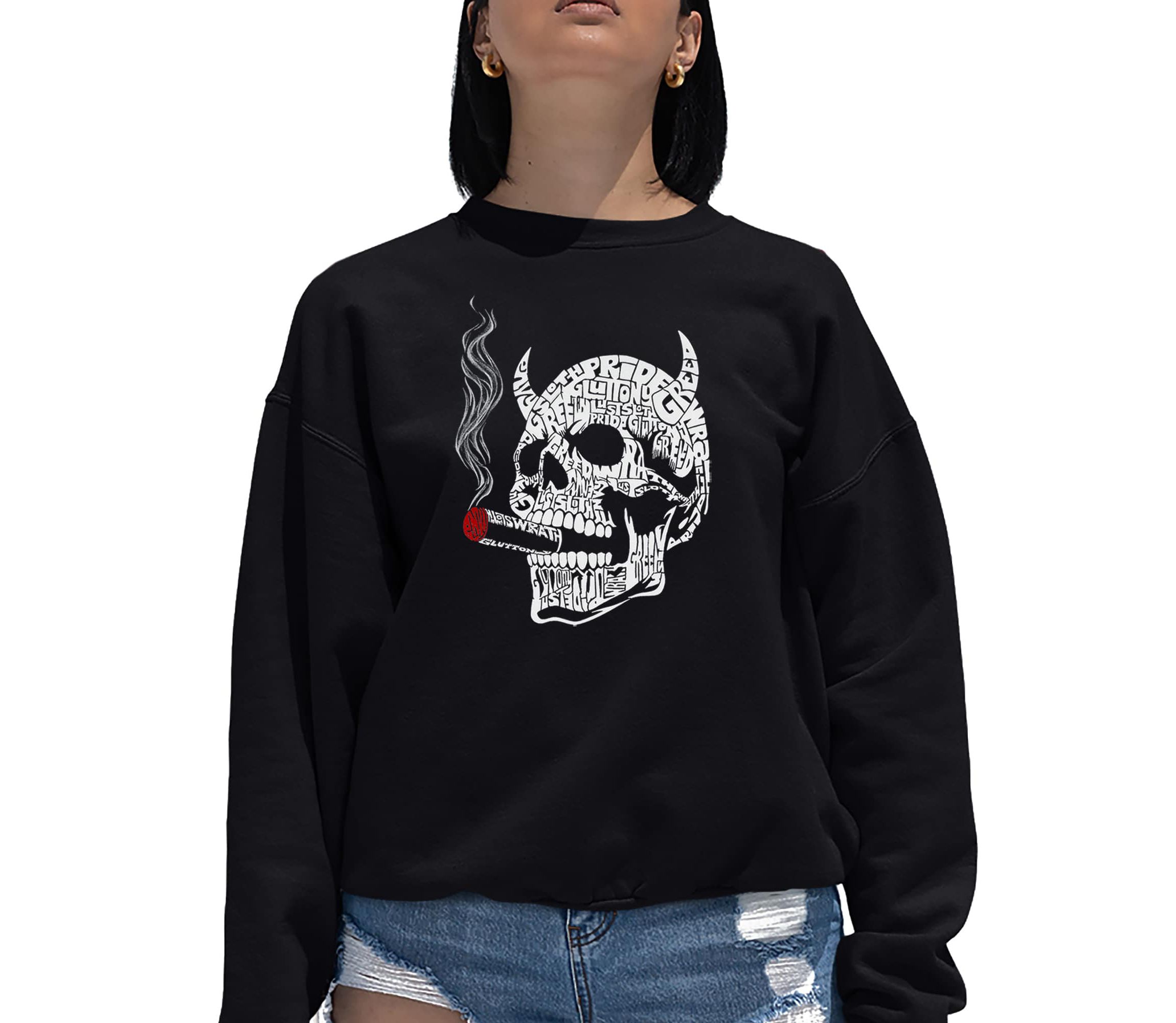 7 Deadly Sins Skull - Womens Word Art Crewneck Sweatshirt
