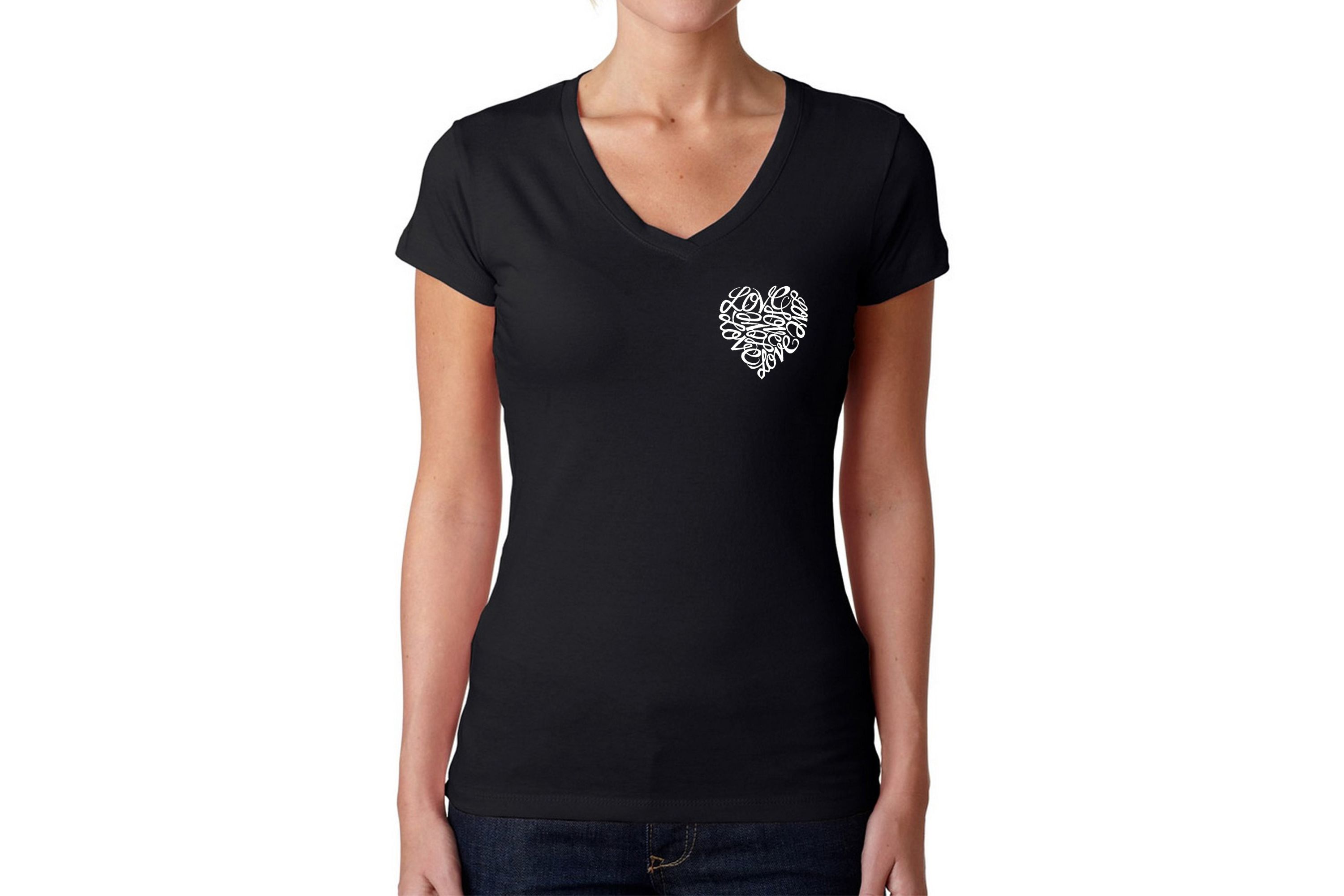 Cursive Heart - Womens Word Art V-Neck T-Shirt