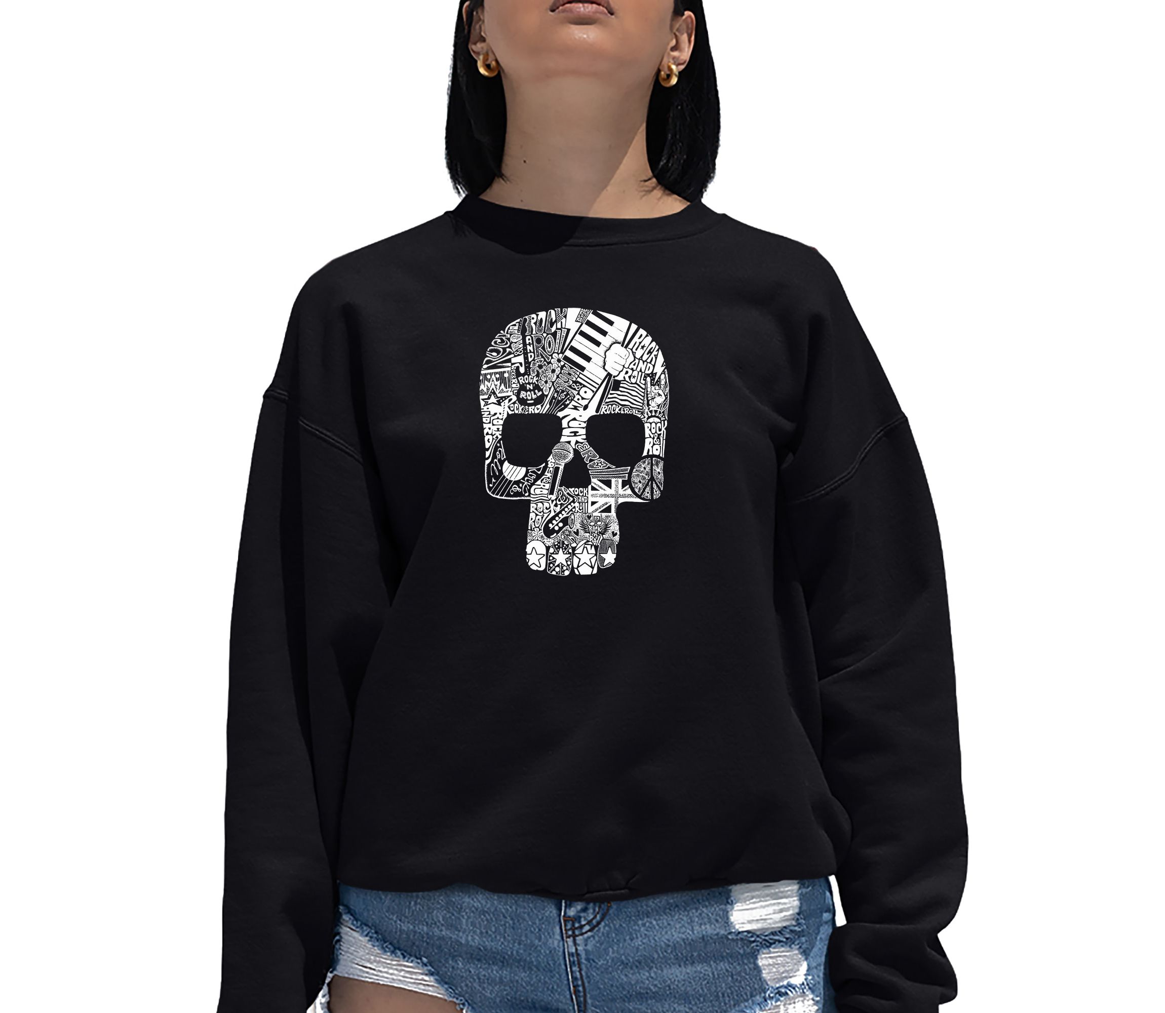 Rock n Roll Skull - Womens Word Art Crewneck Sweatshirt