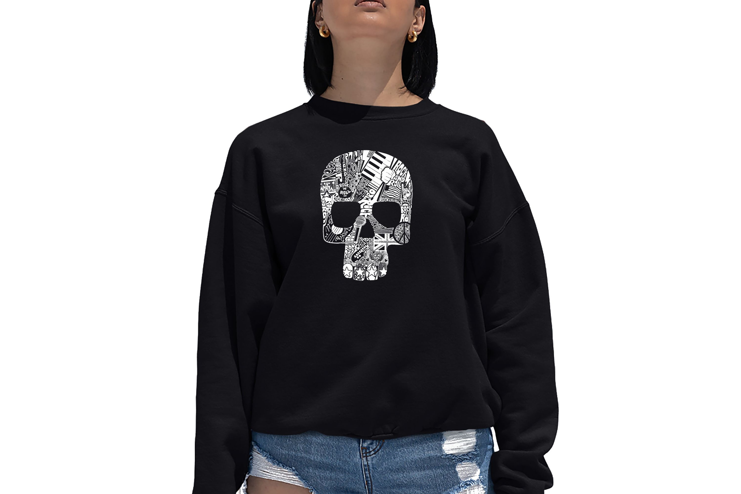 Rock n Roll Skull - Womens Word Art Crewneck Sweatshirt