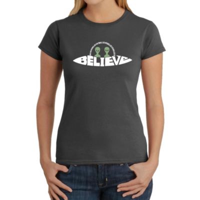 LA Pop Art Believe UFO - Women's Word Art T-Shirt, Gray, 2XL