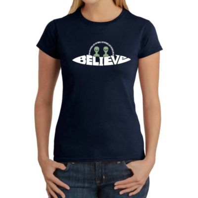 LA Pop Art Believe UFO - Women's Word Art T-Shirt, Blue, XS