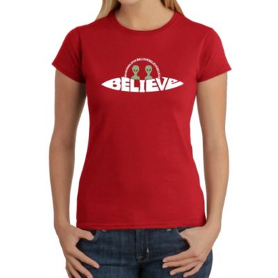 LA Pop Art Believe UFO - Women's Word Art T-Shirt, Red, 2XL