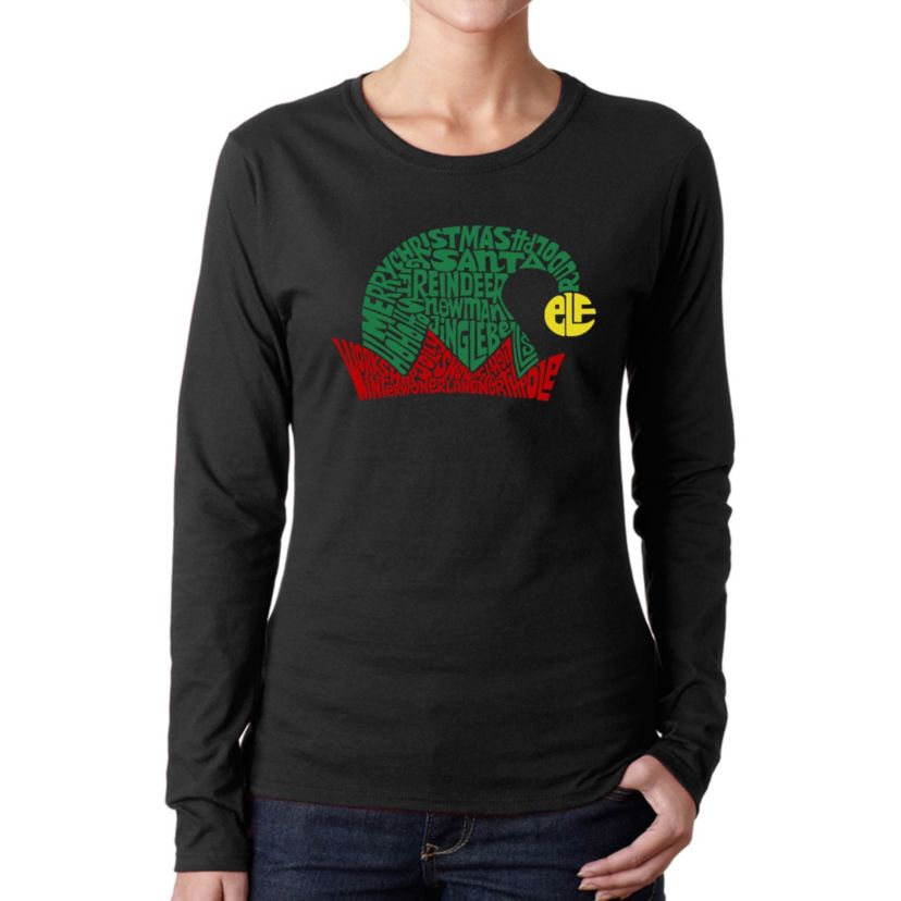 Christmas Elf Hat - Womens Word Art Long Sleeve T-Shirt