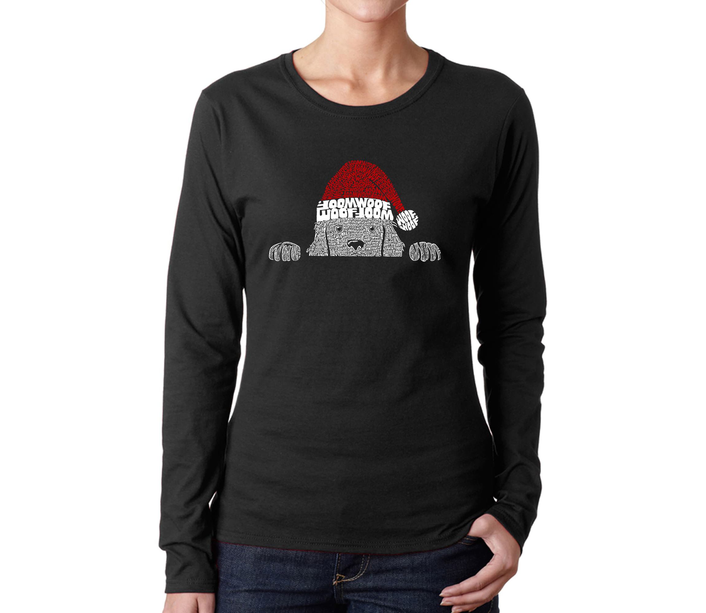 Christmas Peeking Dog - Womens Word Art Long Sleeve T-Shirt