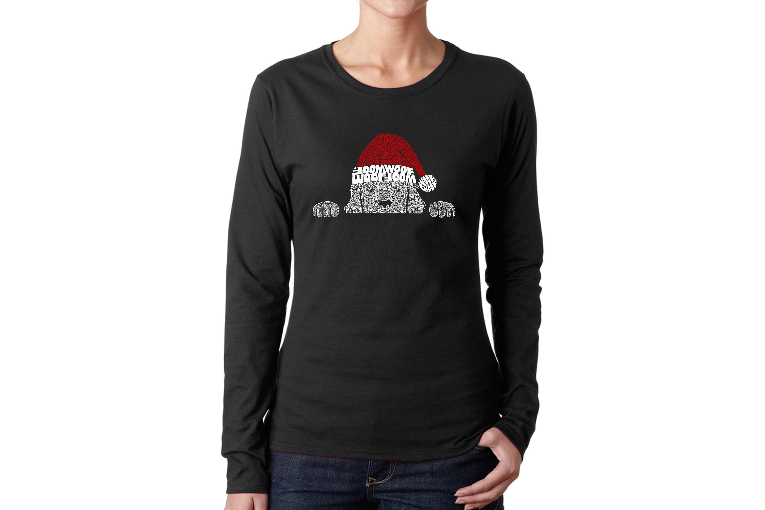 Christmas Peeking Dog - Womens Word Art Long Sleeve T-Shirt