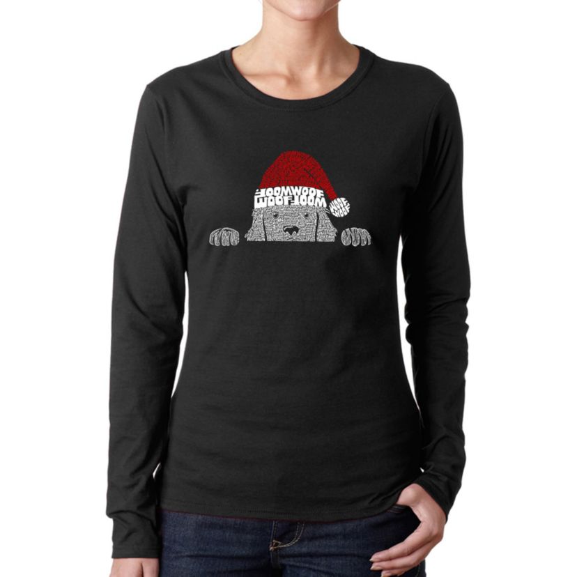 Christmas Peeking Dog - Womens Word Art Long Sleeve T-Shirt