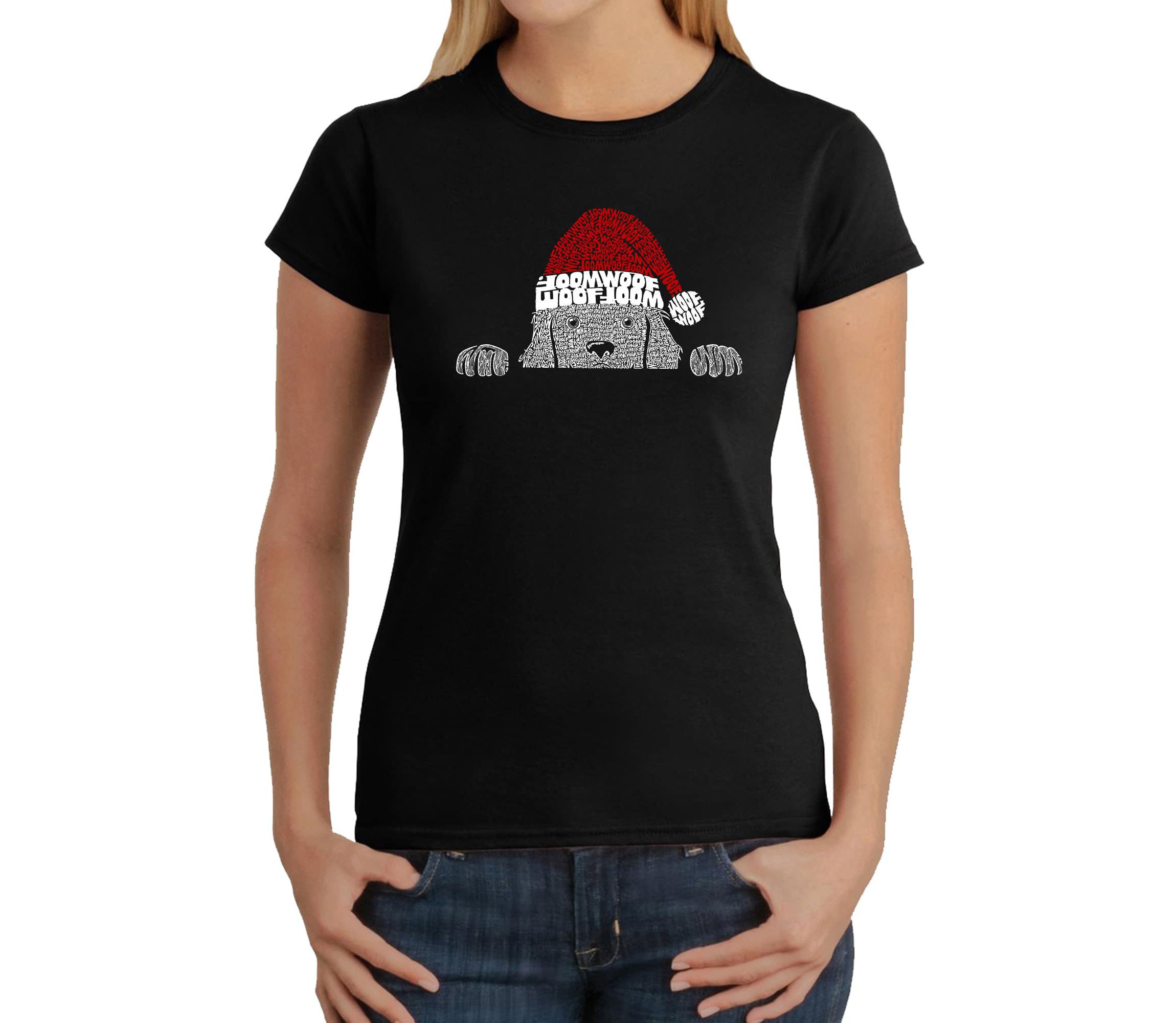 Christmas Peeking Dog - Womens Word Art T-Shirt