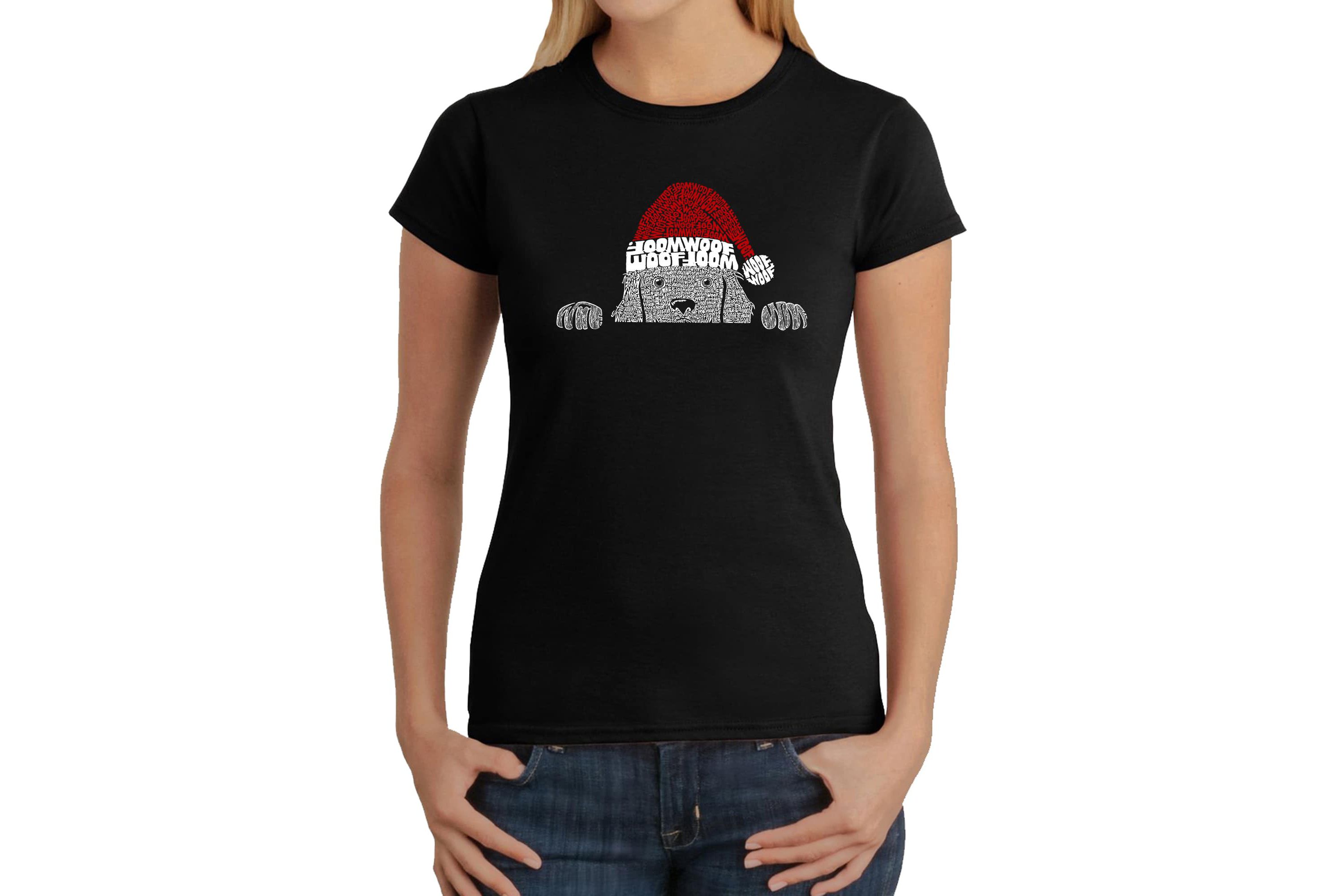 Christmas Peeking Dog - Womens Word Art T-Shirt