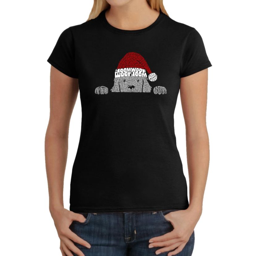 Christmas Peeking Dog - Womens Word Art T-Shirt
