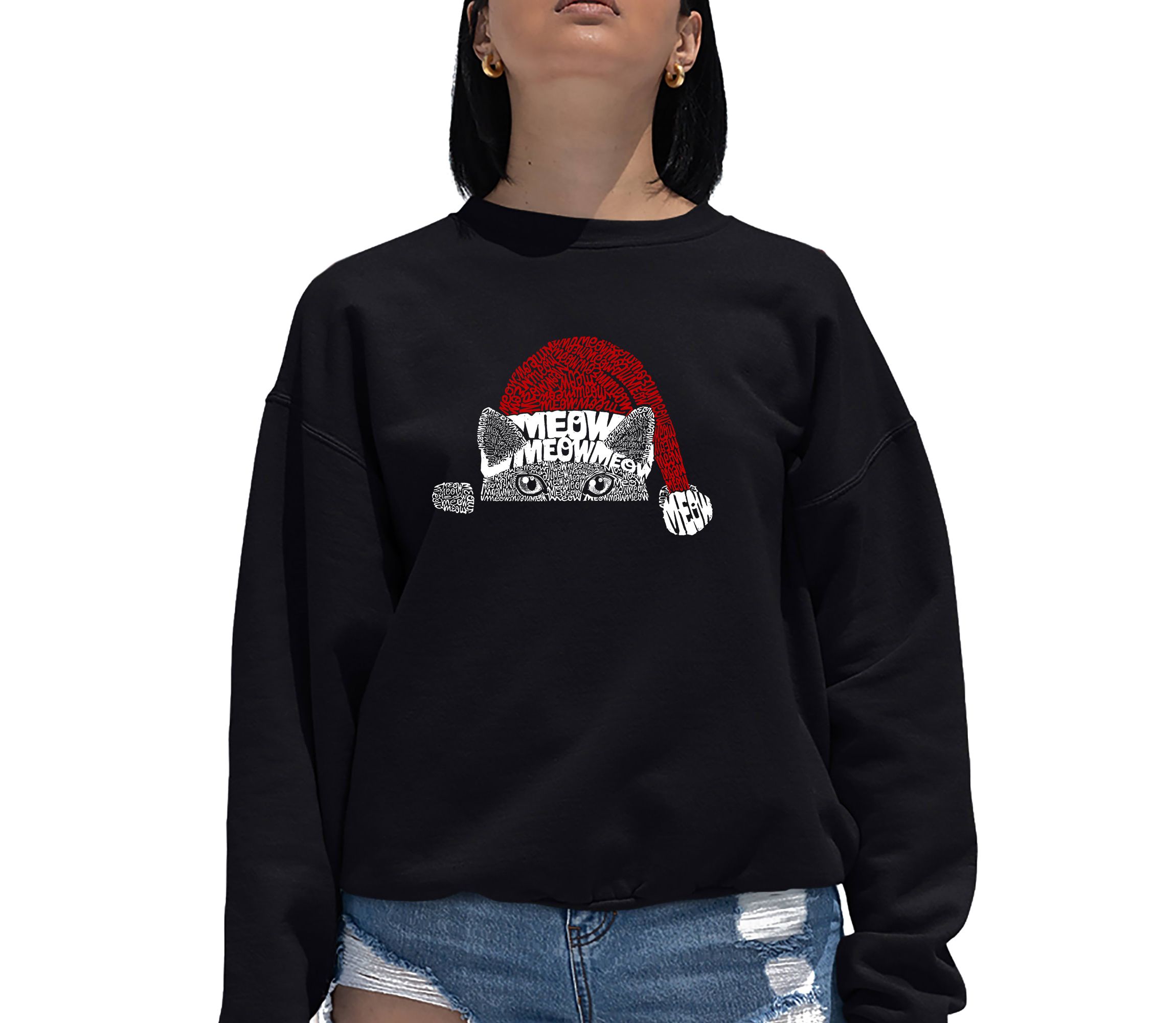 Christmas Peeking Cat - Womens Word Art Crewneck Sweatshirt