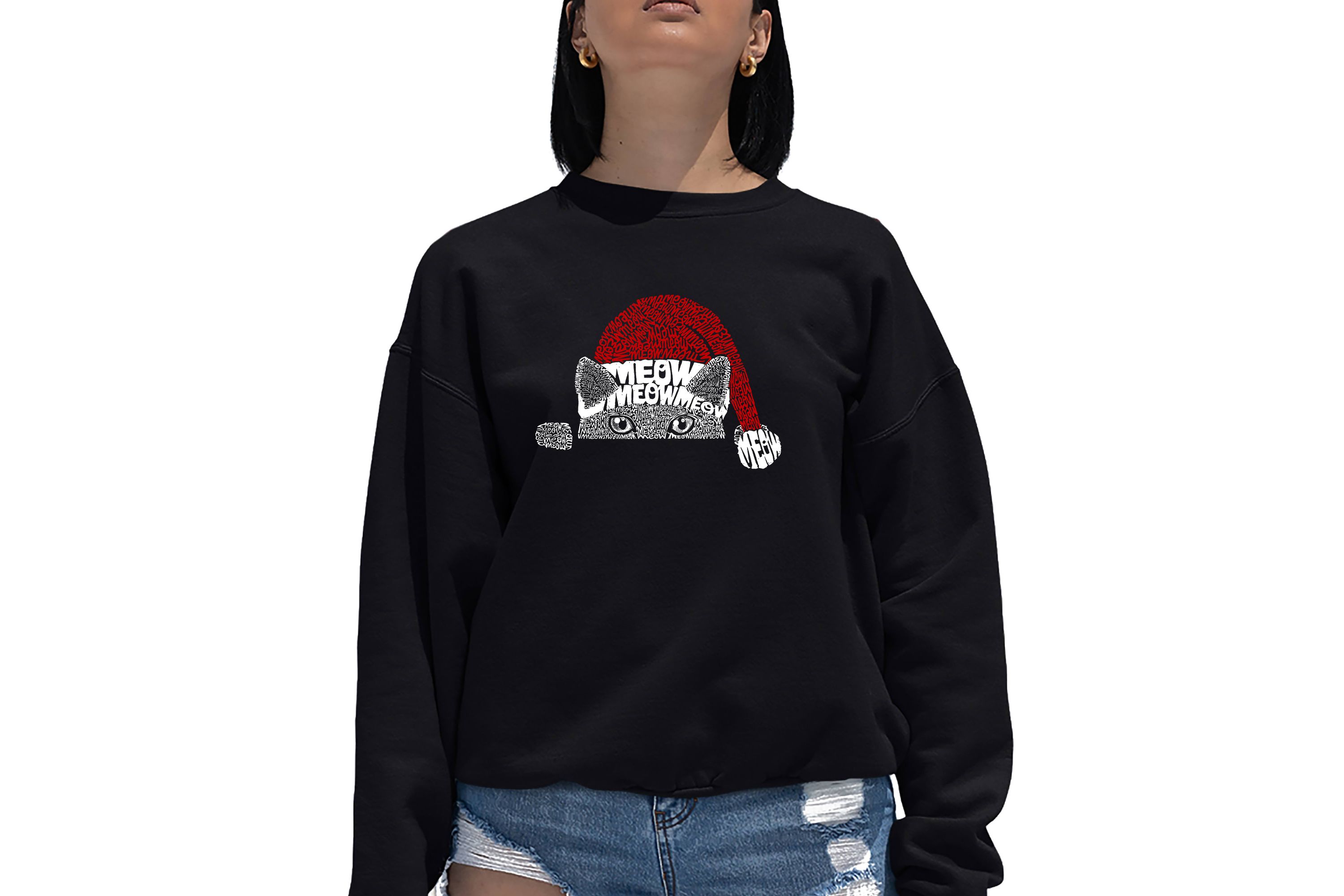 Christmas Peeking Cat - Womens Word Art Crewneck Sweatshirt