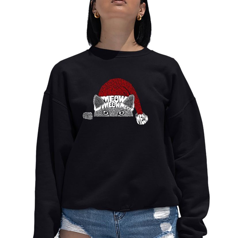 Christmas Peeking Cat - Womens Word Art Crewneck Sweatshirt