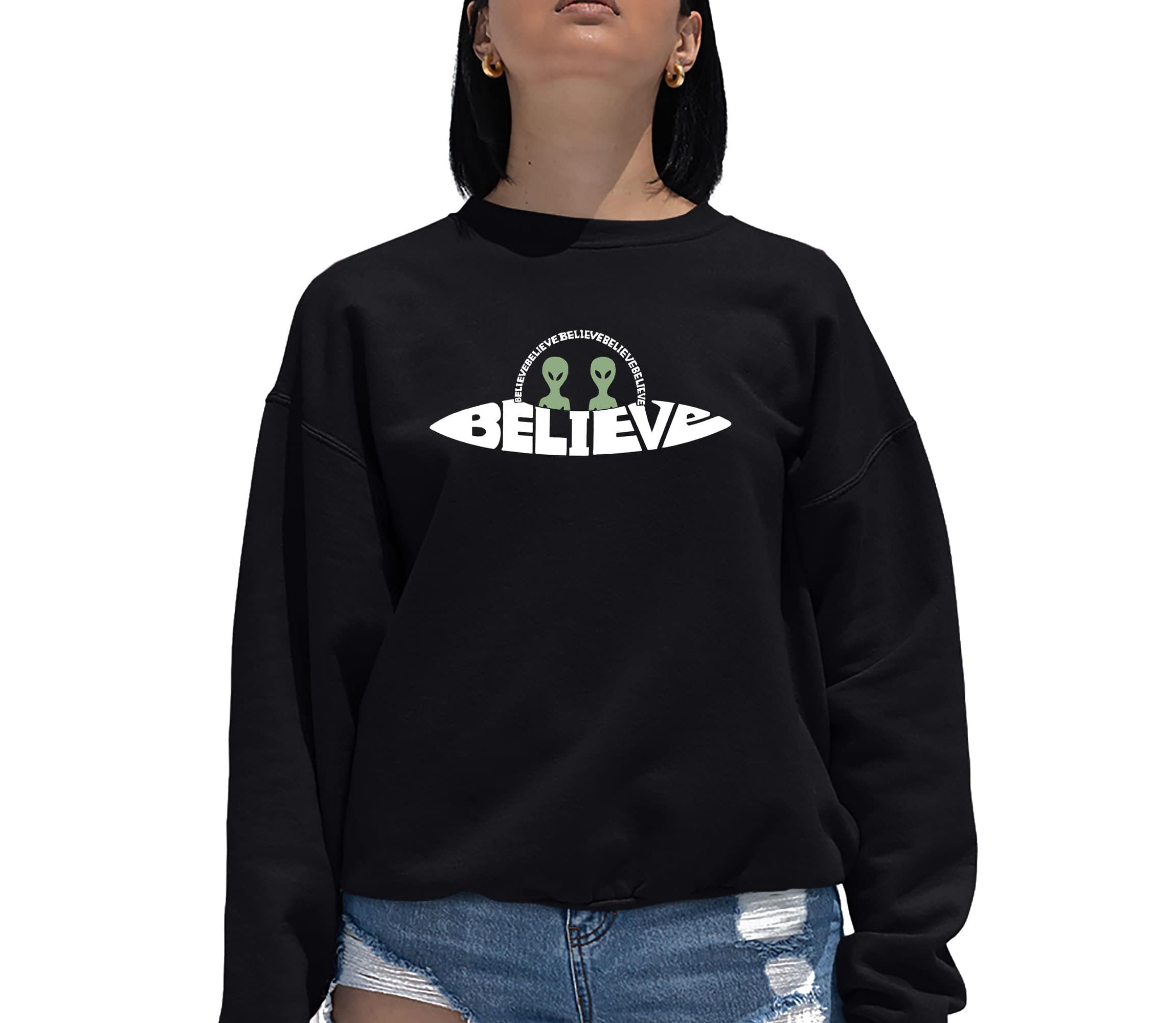 Believe UFO - Womens Word Art Crewneck Sweatshirt