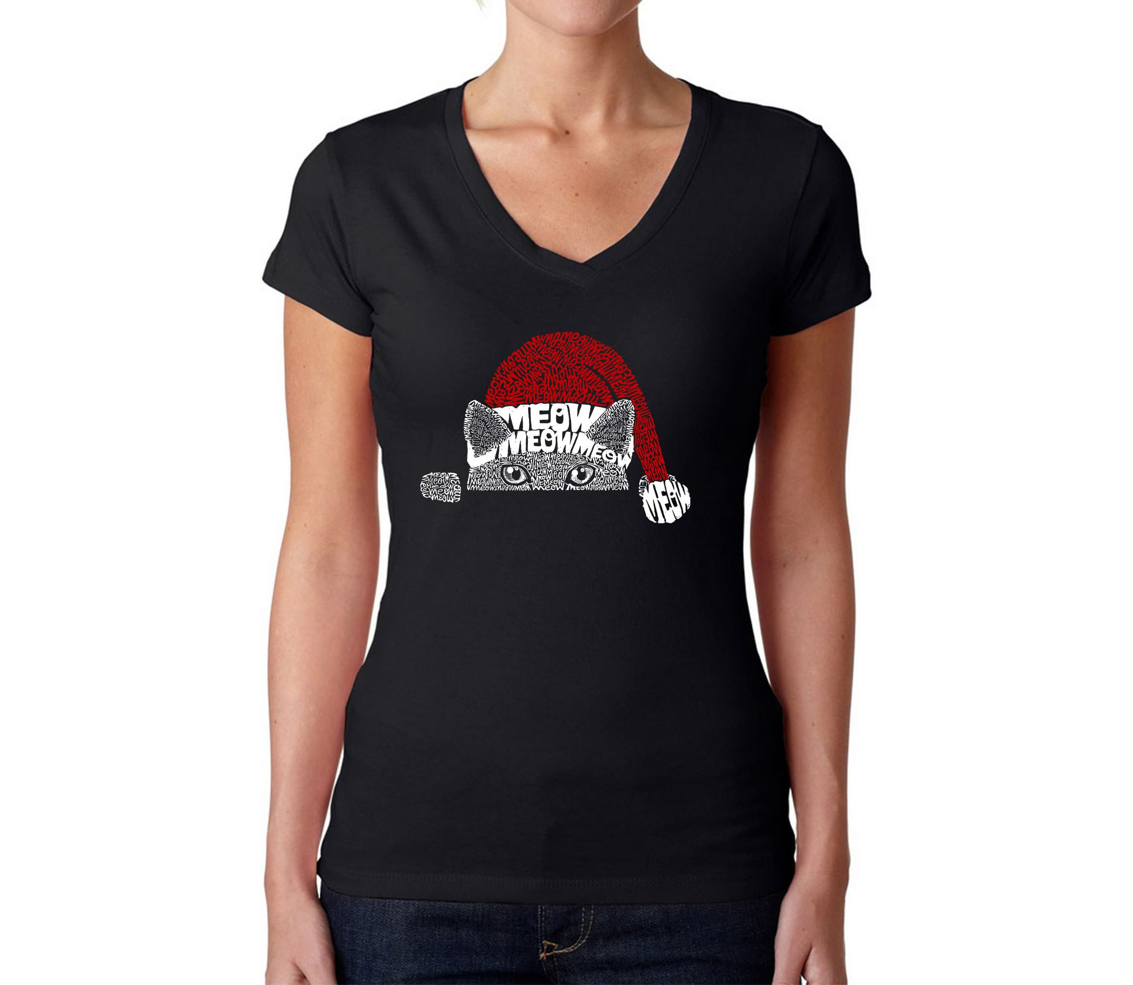 Christmas Peeking Cat - Womens Word Art V-Neck T-Shirt