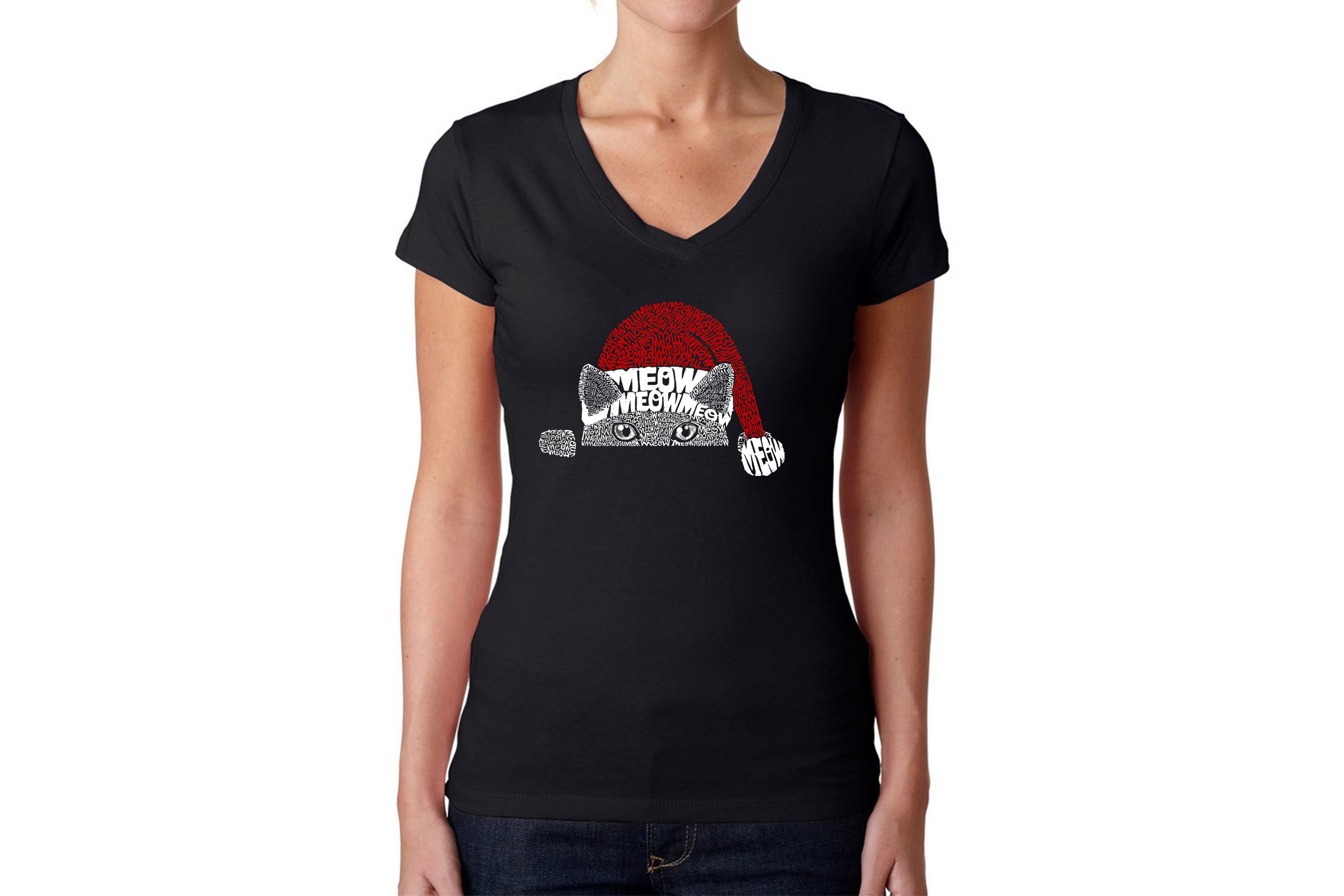 Christmas Peeking Cat - Womens Word Art V-Neck T-Shirt