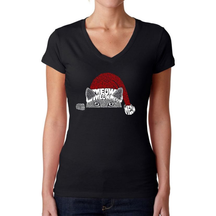 Christmas Peeking Cat - Womens Word Art V-Neck T-Shirt