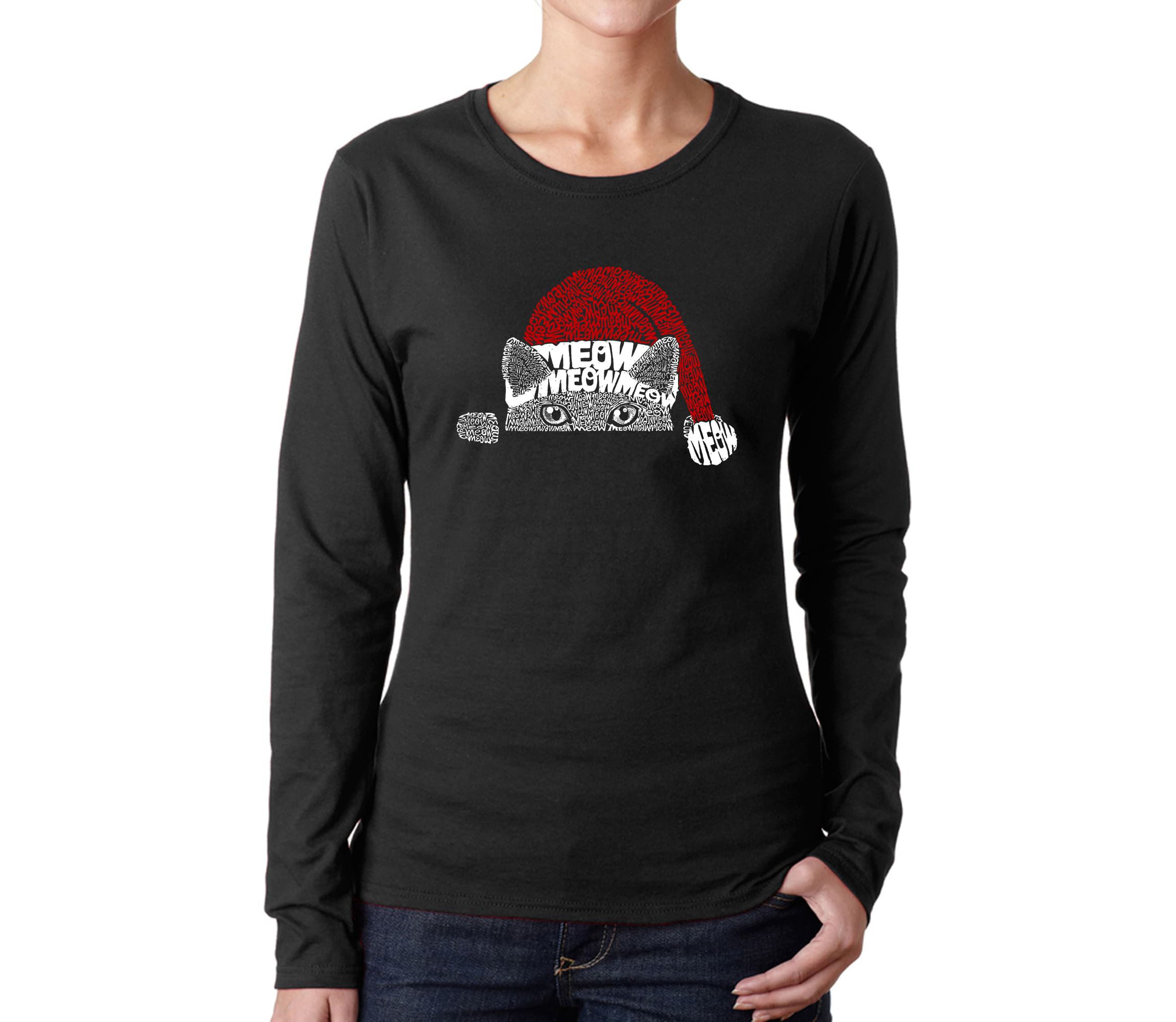 Christmas Peeking Cat - Womens Word Art Long Sleeve T-Shirt
