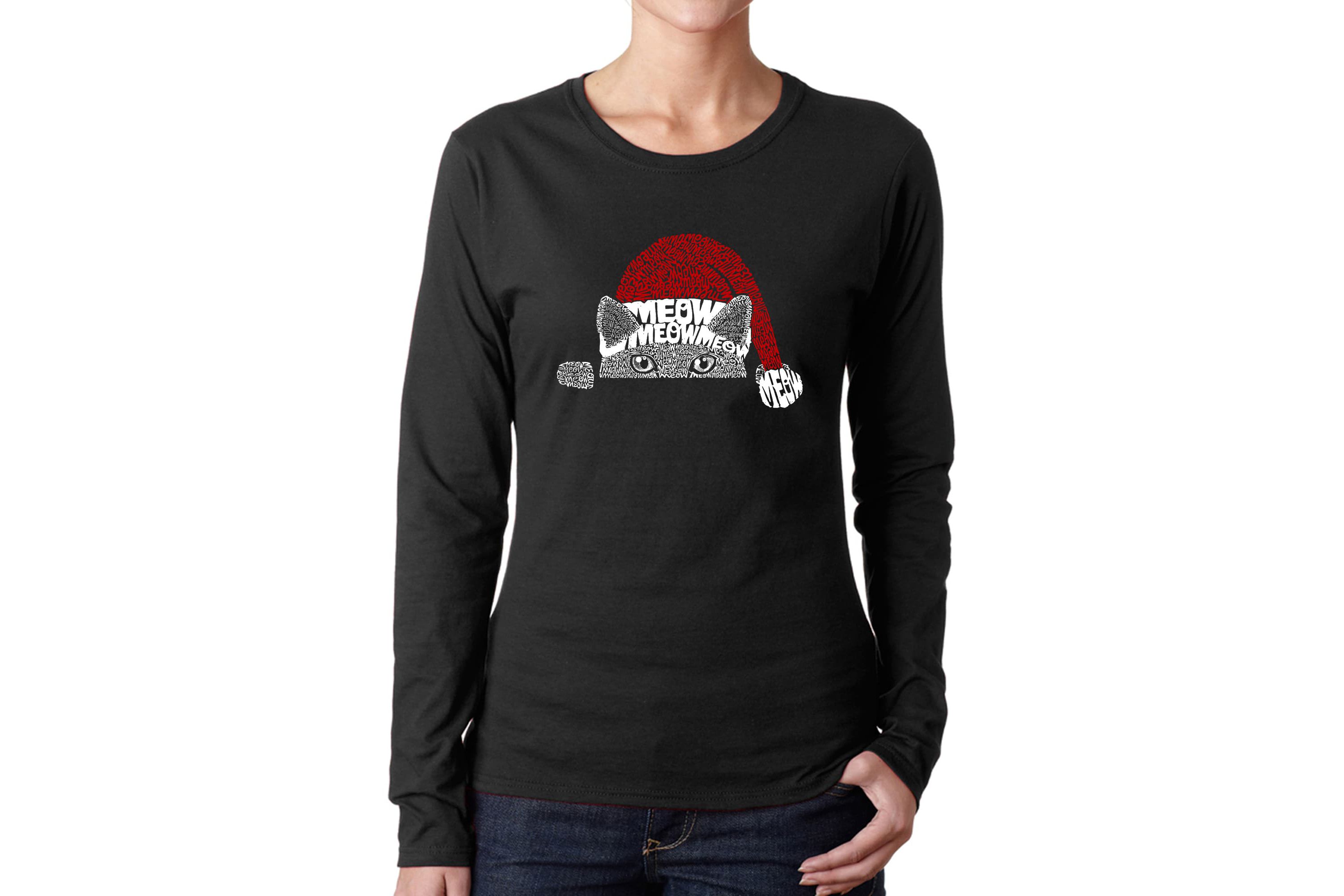 Christmas Peeking Cat - Womens Word Art Long Sleeve T-Shirt