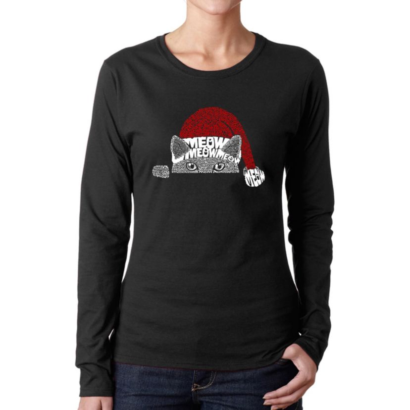 Christmas Peeking Cat - Womens Word Art Long Sleeve T-Shirt