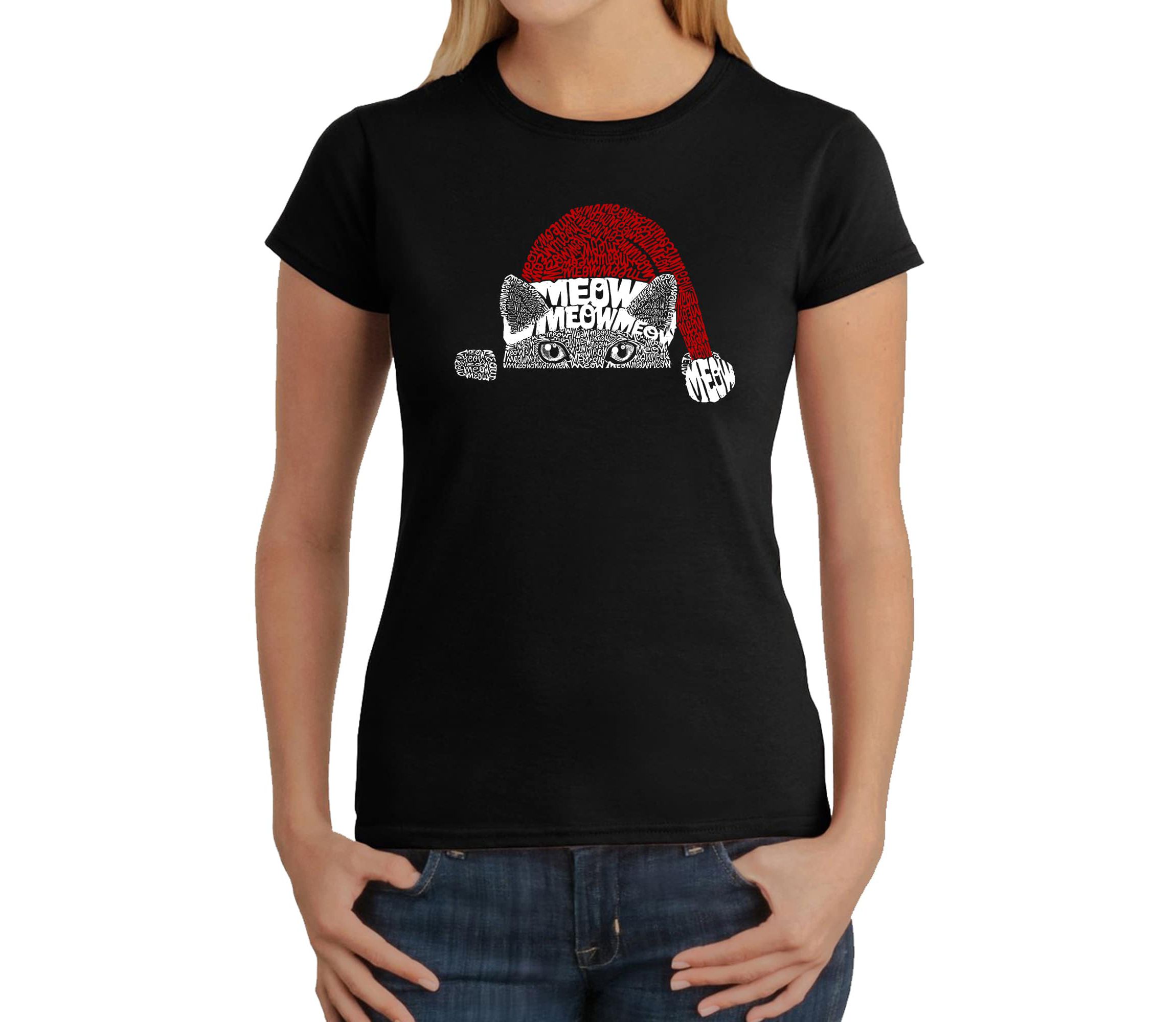 Christmas Peeking Cat - Womens Word Art T-Shirt