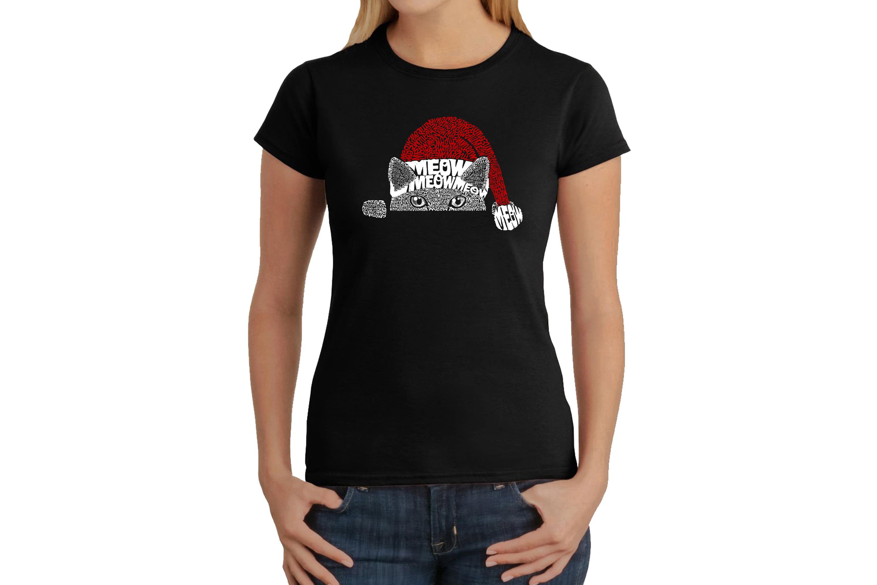 Christmas Peeking Cat - Womens Word Art T-Shirt
