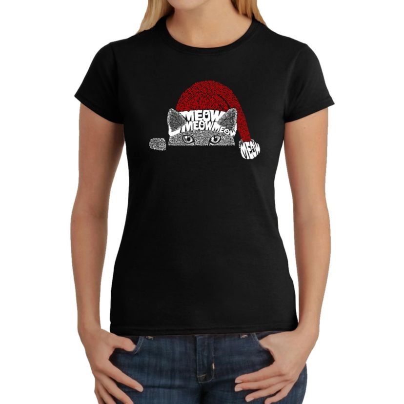 Christmas Peeking Cat - Womens Word Art T-Shirt