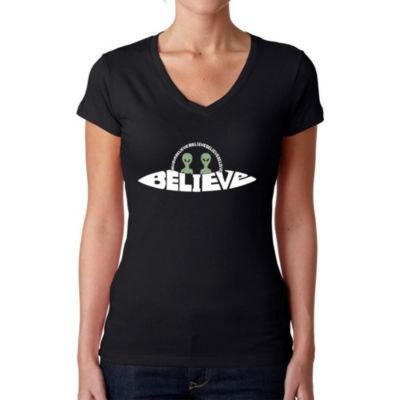 LA Pop Art Believe UFO - Women's Word Art V-Neck T-Shirt, Black, Large